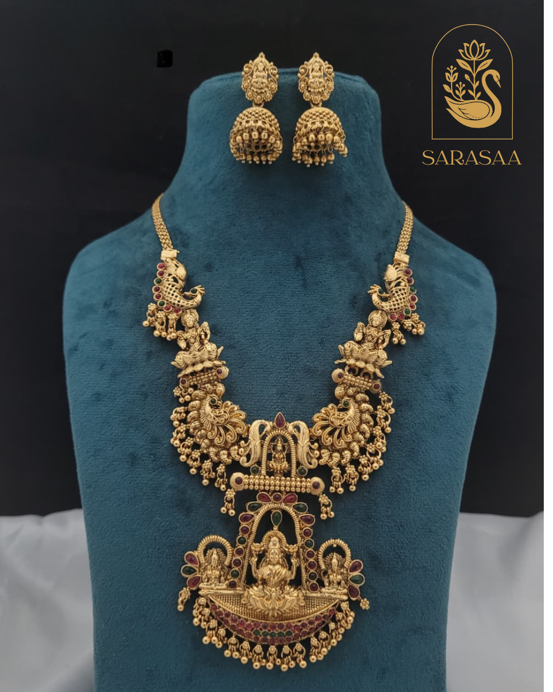 Sarasaa Gold Plated Pota Stone Temple Necklace Set with Jhumka Earrings