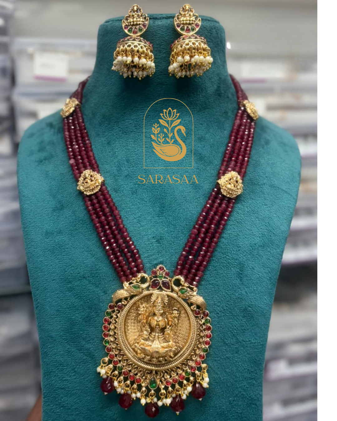Sarasaa Lakshmi Design Ruby Beads Temple Jewellery Necklace Set with Jhumkas