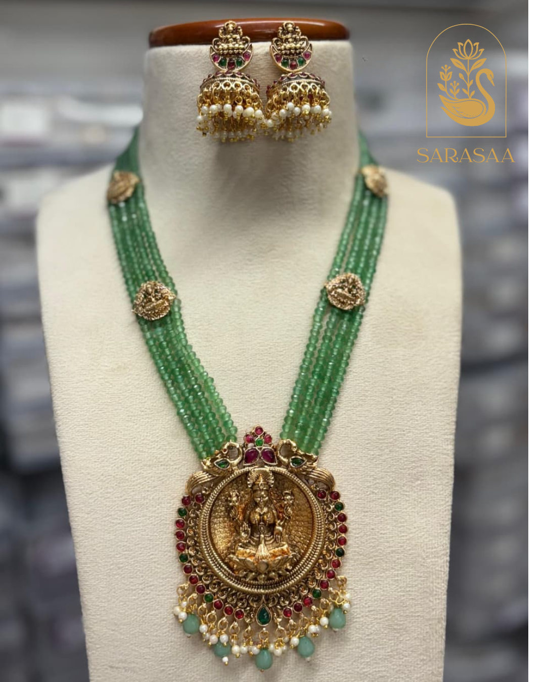 SARASAA Green Beaded Lakshmi Temple Pendant Long Haram Set with Jhumka Earrings