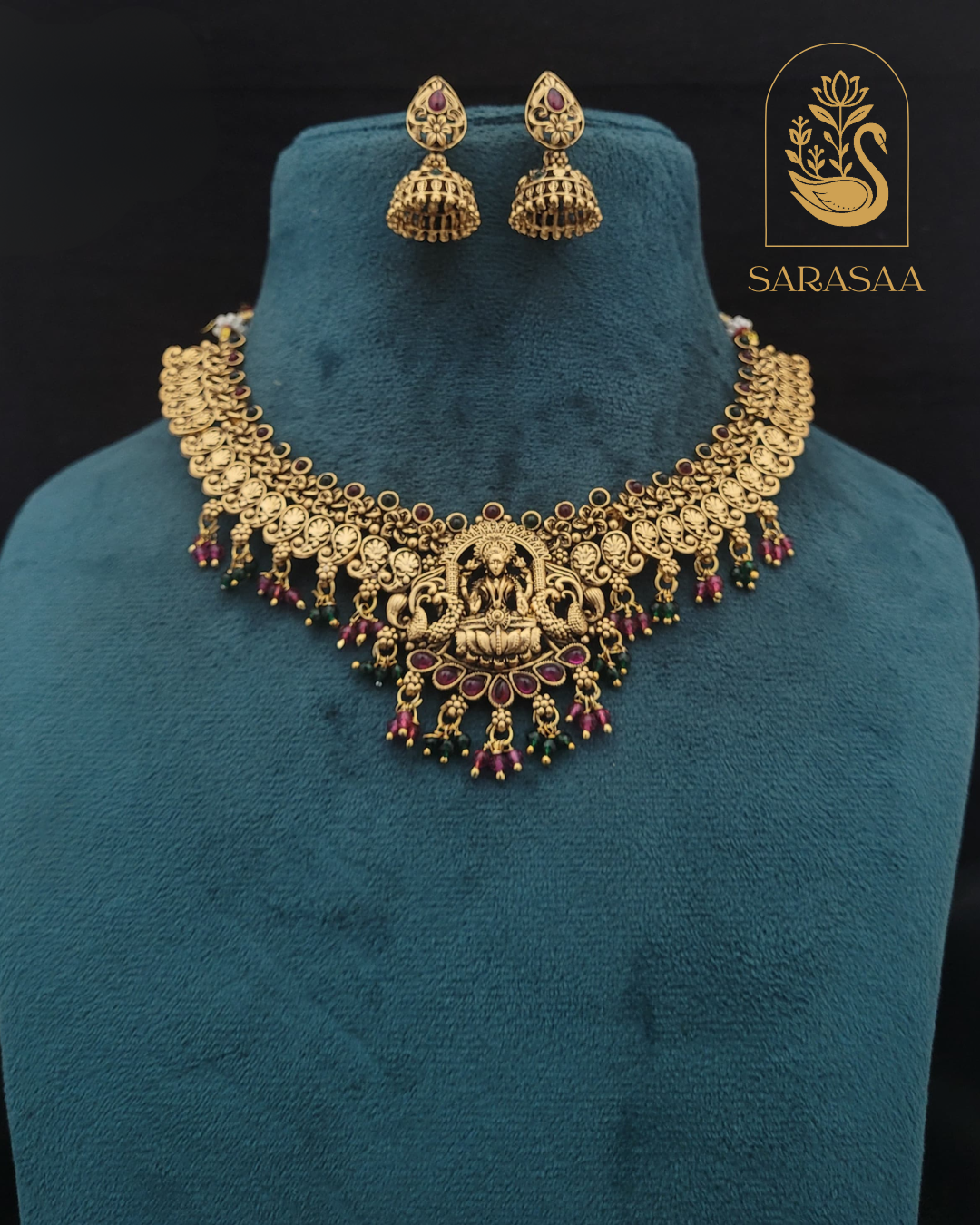 Sarasaa Traditional Antique Gold-Plated Lakshmi Temple Necklace Set with Jhumka Earrings.