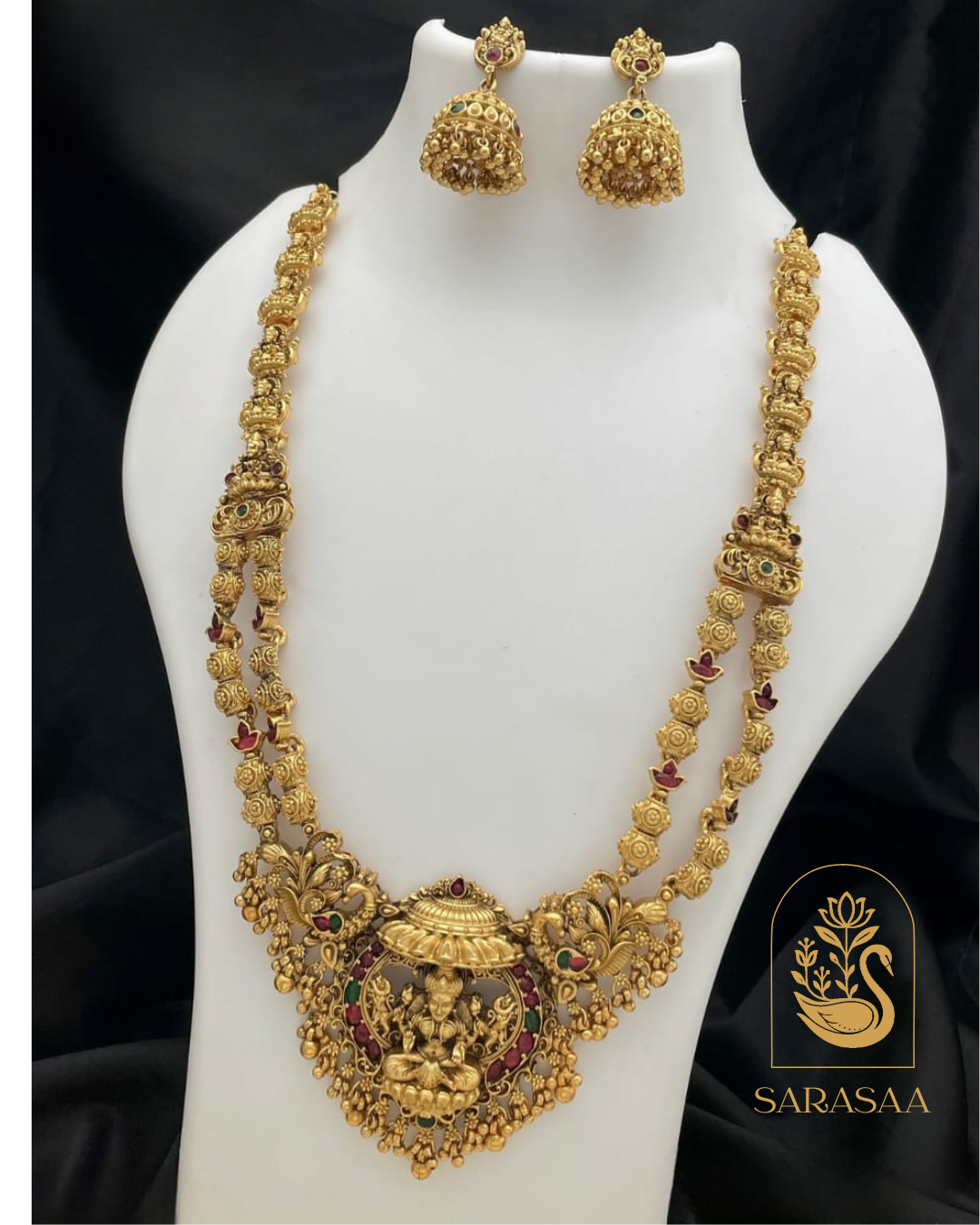 Sarasaa Traditional Temple Design Gold-Plated Necklace Set with Matching Earrings