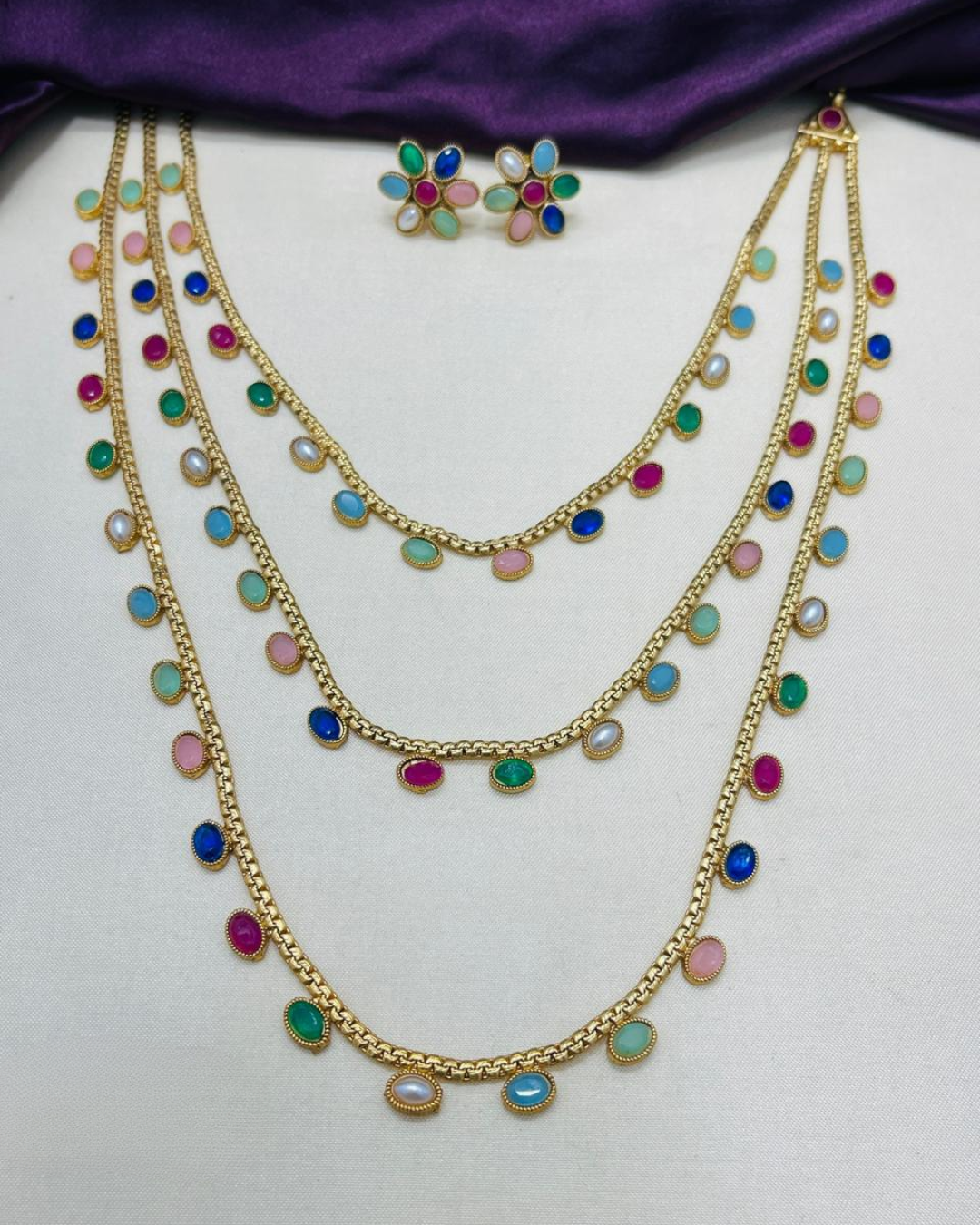 Sarasaa Multi-Layered Navratna Necklace Set with Matching Floral Stud Earrings