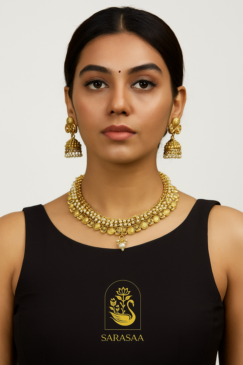 Sarasaa Traditional Gold Polish Brass Indian Bridal Necklace Set with Jhumka Earrings