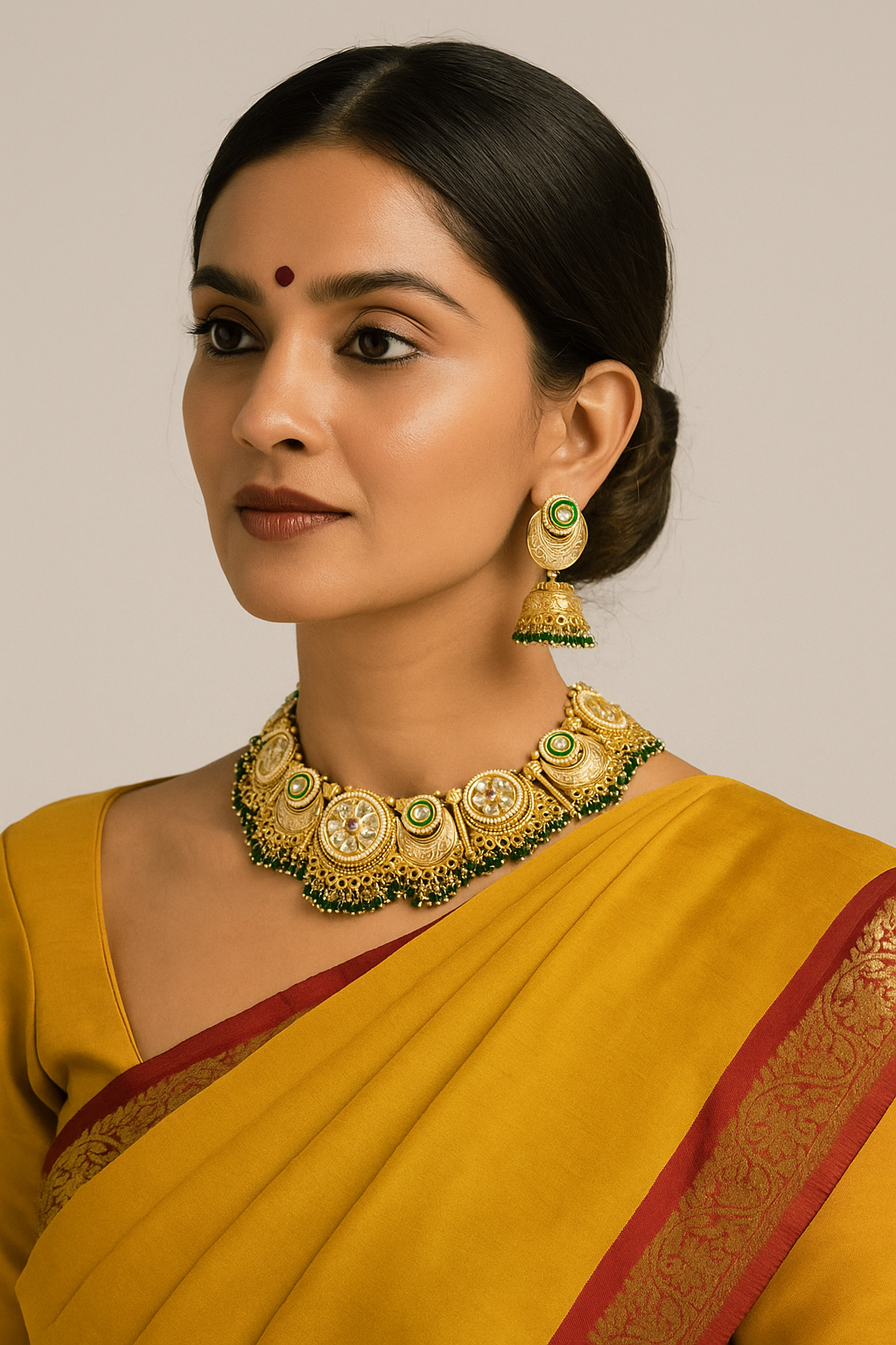 Sarasaa Heritage Gree Gold-Plated Kundan with matching Jhumka Earrings