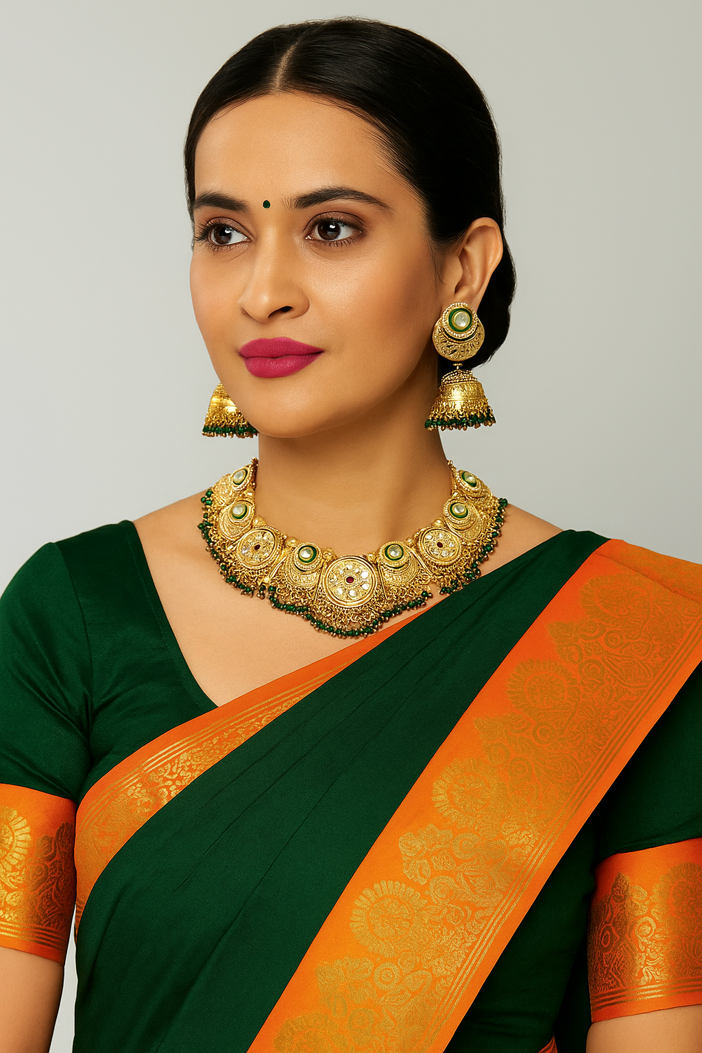 Sarasaa Heritage Gree Gold-Plated Kundan with matching Jhumka Earrings