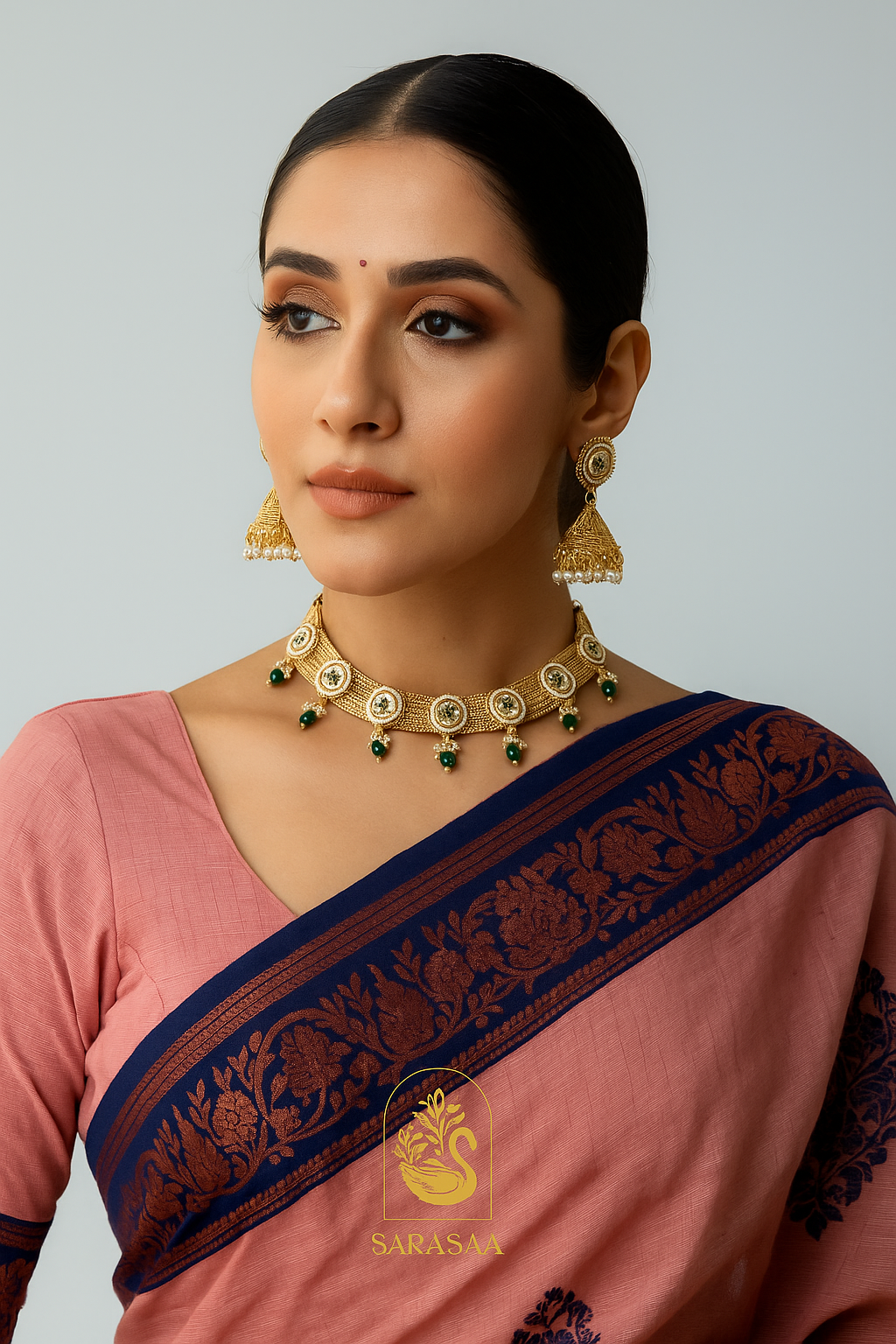 Sarasaa Gold Plated Traditional Emerald Green Stones Pearl Choker Necklace Set with Drop Earrings