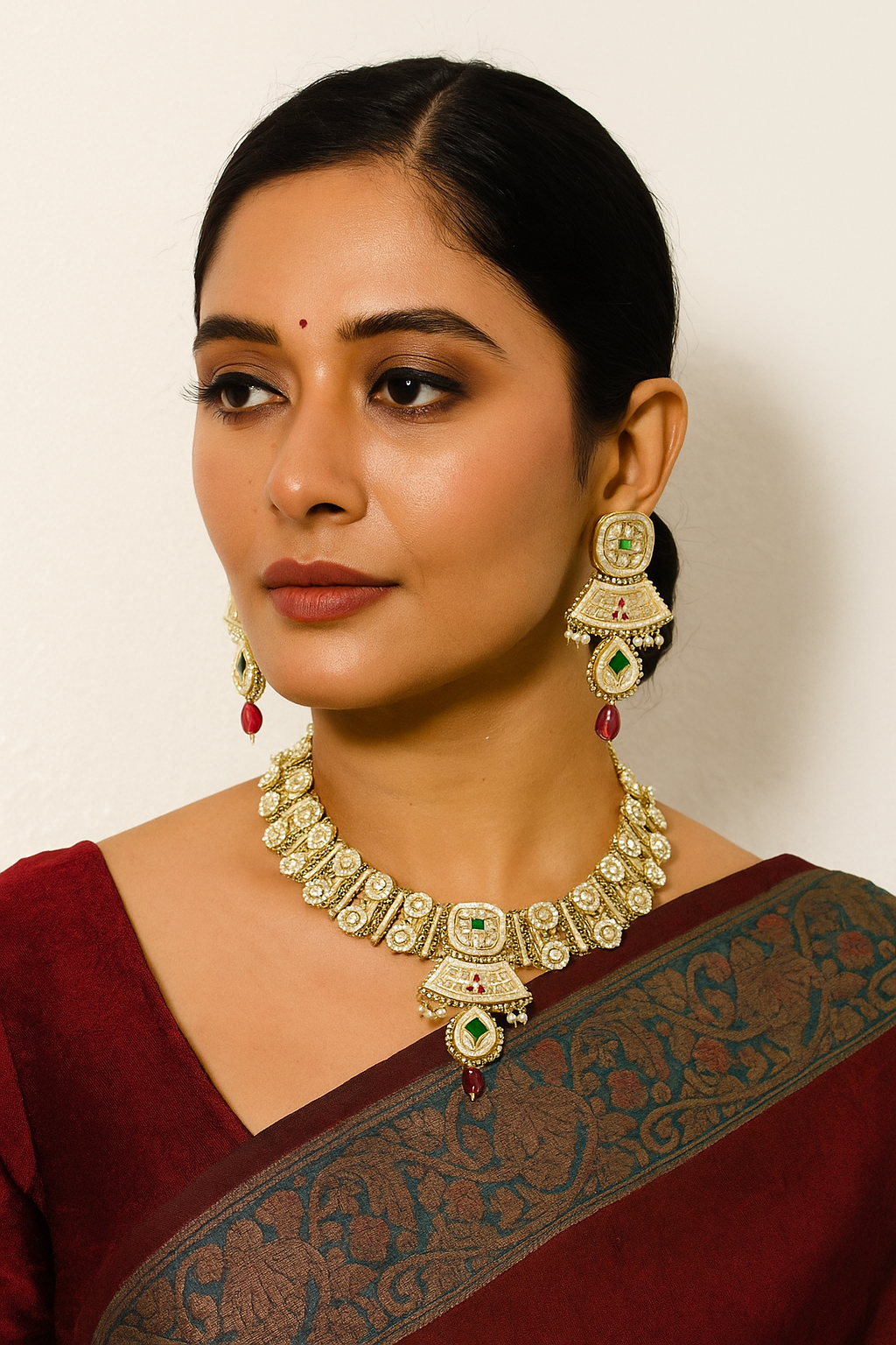 Sarasaa Traditional Gold Plated Pearl & Stone Studded Necklace Set with Earrings