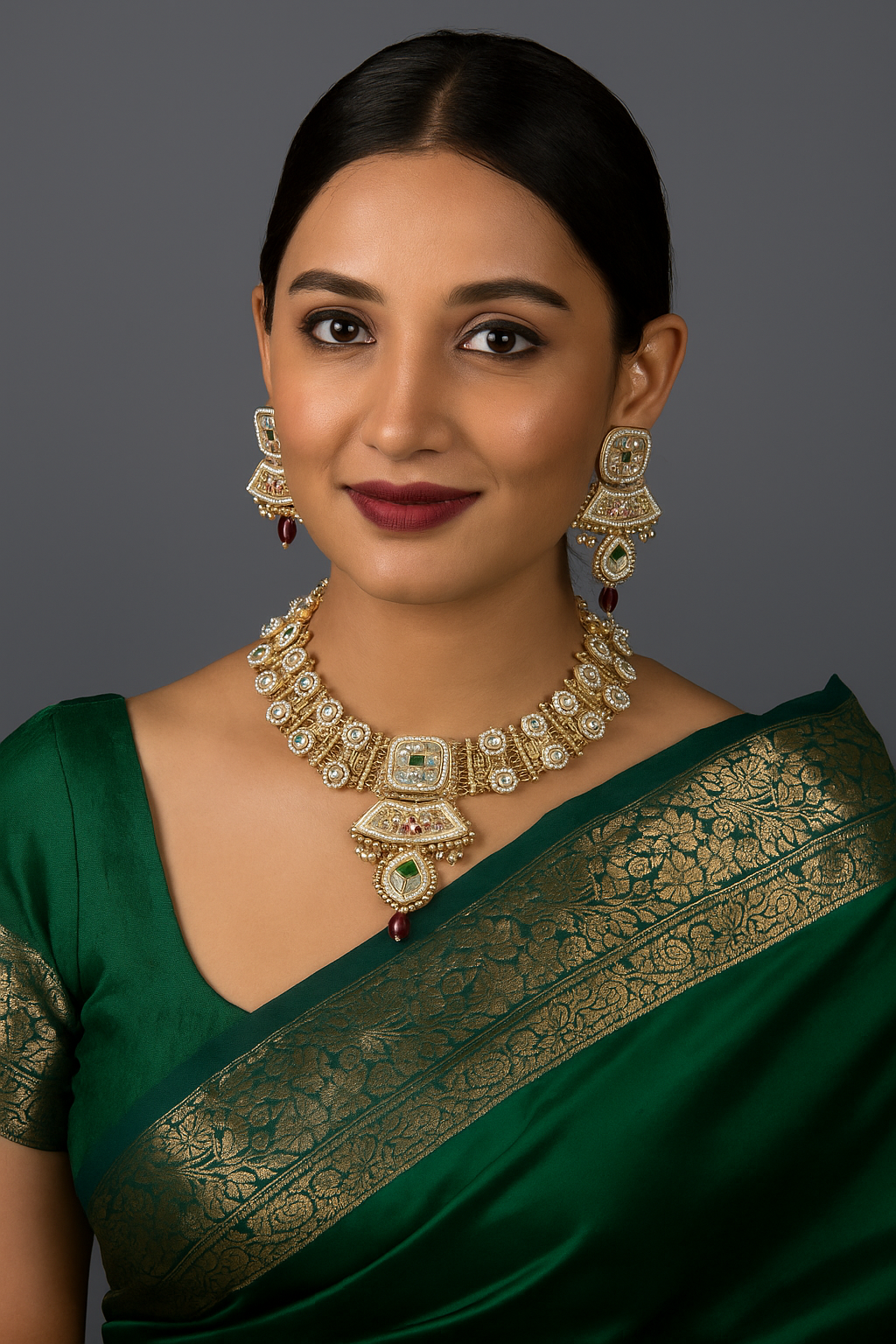 Sarasaa Traditional Gold Plated Pearl & Stone Studded Necklace Set with Earrings