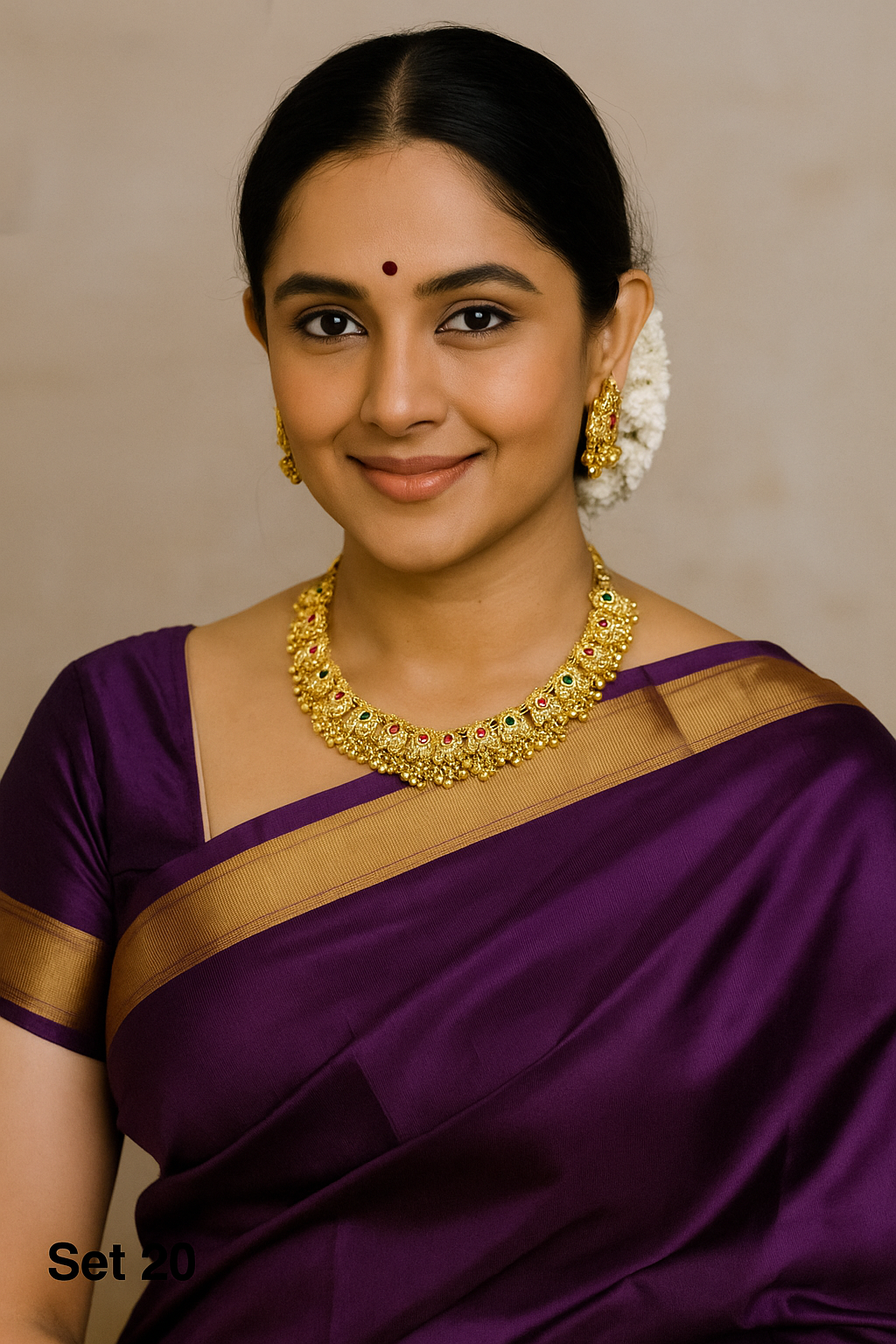 Sarasaa Sarasaa Gold Plated Guttapusalu Necklace Set with Ruby & Emerald Stones and Pearl Cluster