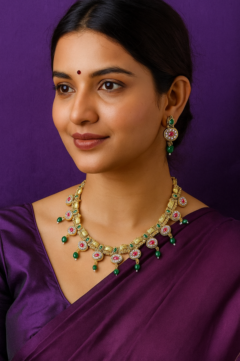 Sarasaa Gold-Plated Kundan & Gemstone Studded Necklace Set with Matching Earrings