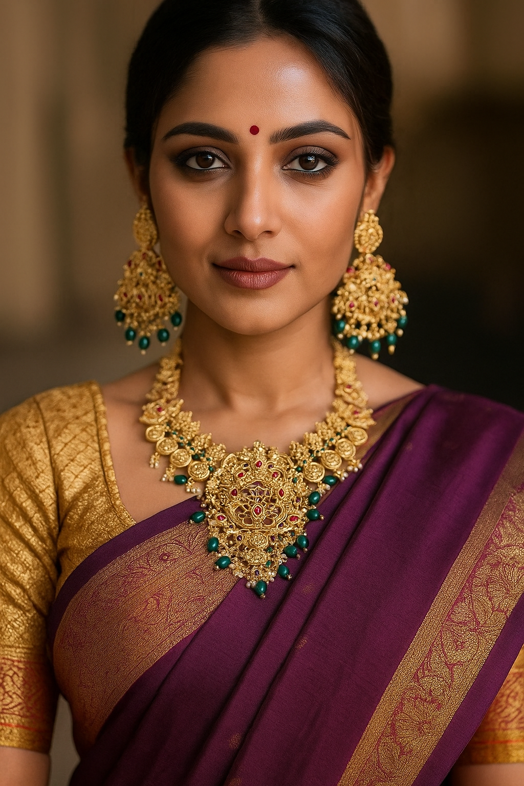Sarasaa Traditional Gold-Plated Lakshmi Peacock Short Temple Necklace Set with Ruby & Emerald Kemp Stones and Green Beads