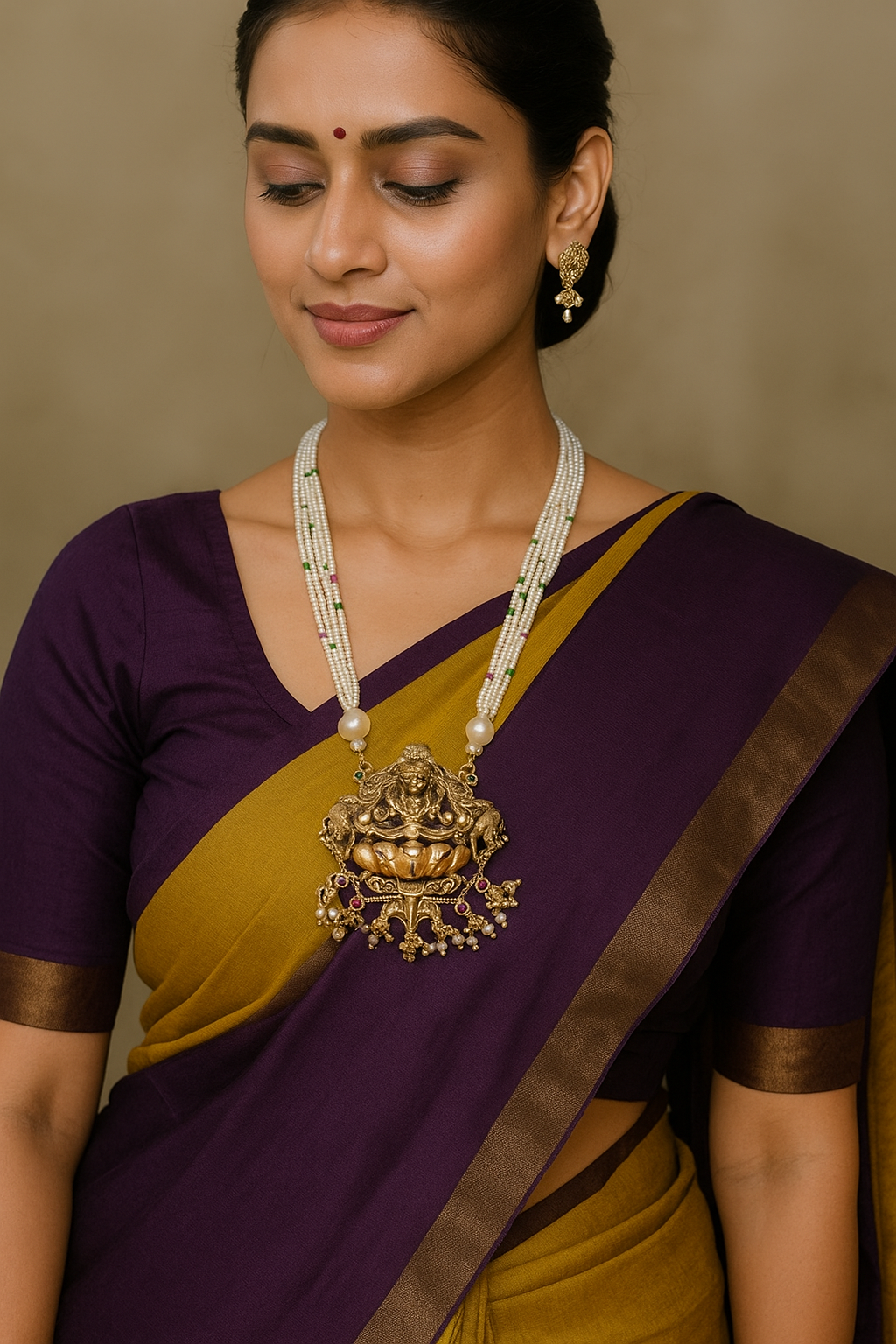 Sarasaa Antique Gold Tone Radha Krishna Temple Jewellery Set with Pearl Chain & Jhumka Earrings