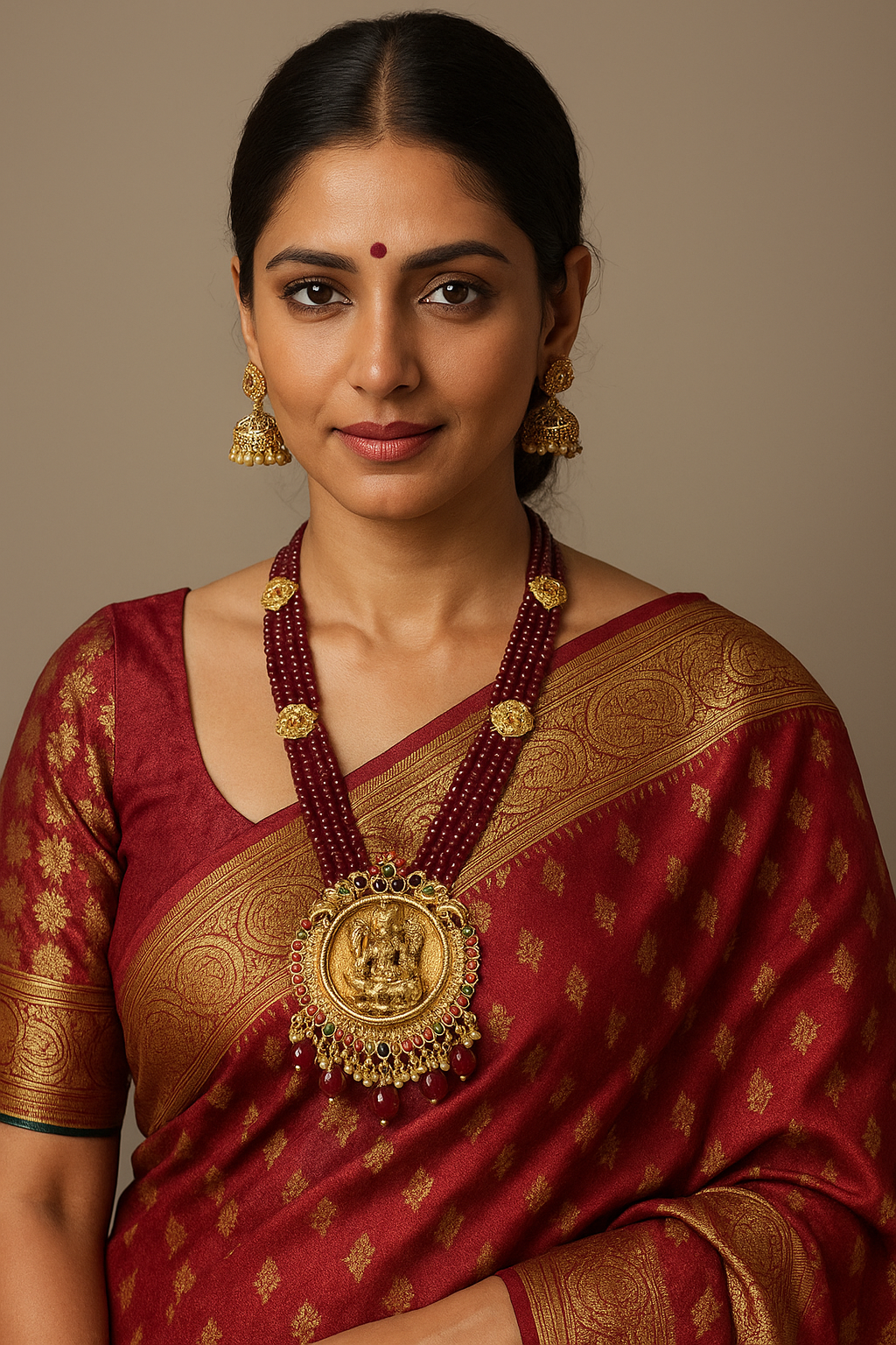 Sarasaa Lakshmi Design Ruby Beads Temple Jewellery Necklace Set with Jhumkas