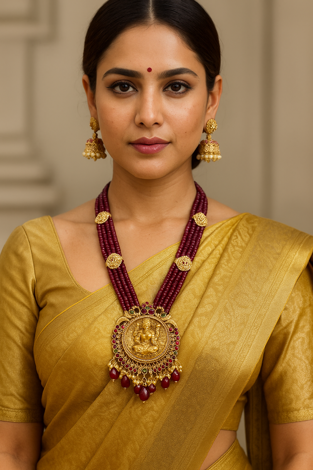 Sarasaa Lakshmi Design Ruby Beads Temple Jewellery Necklace Set with Jhumkas