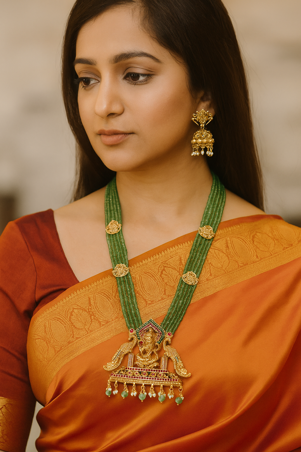 Sarasaa Green Matt Finish Goddess Lakshmi Pendant Green Beads Haram with Matching Earrings