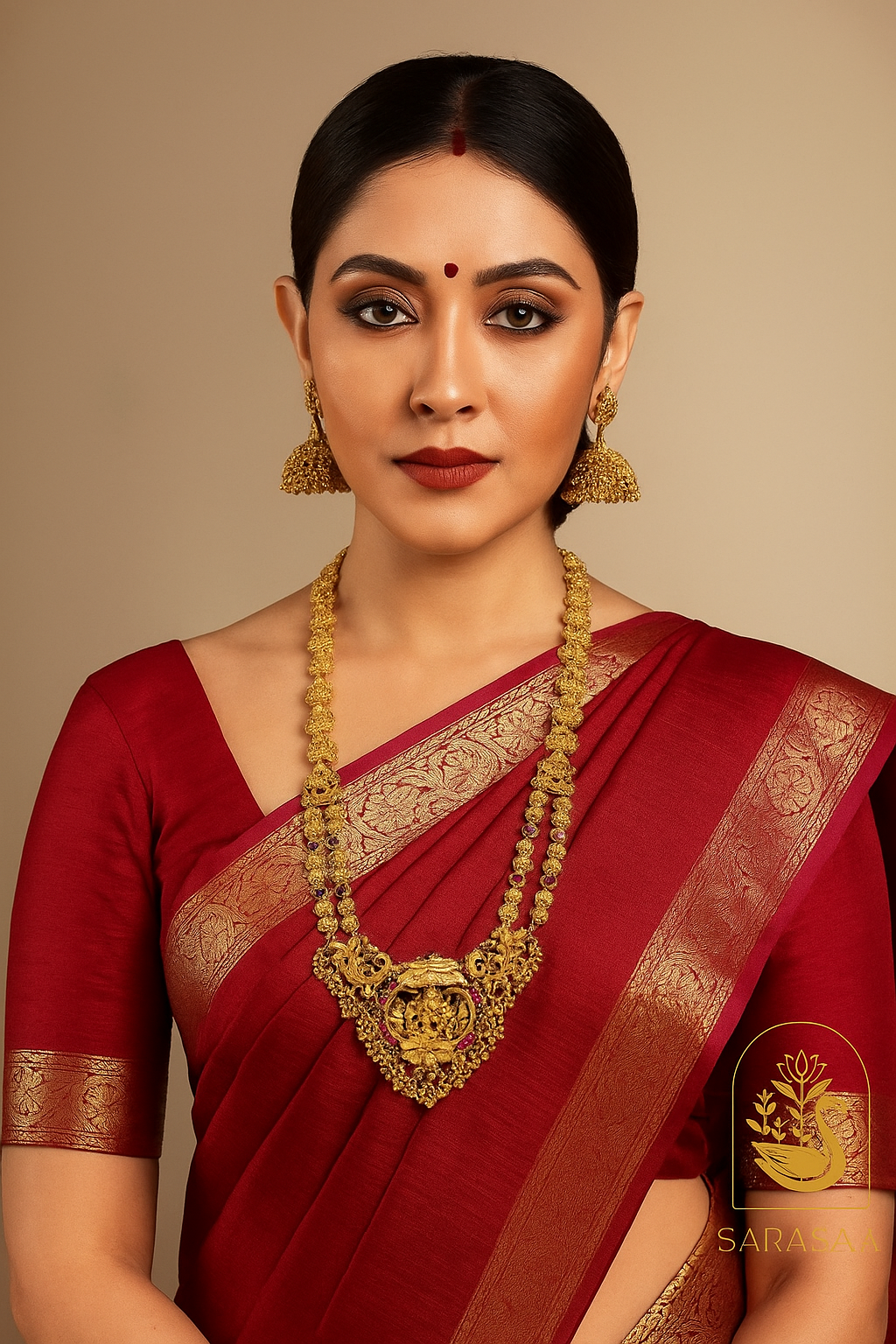 Sarasaa Traditional Temple Design Gold-Plated Necklace Set with Matching Earrings