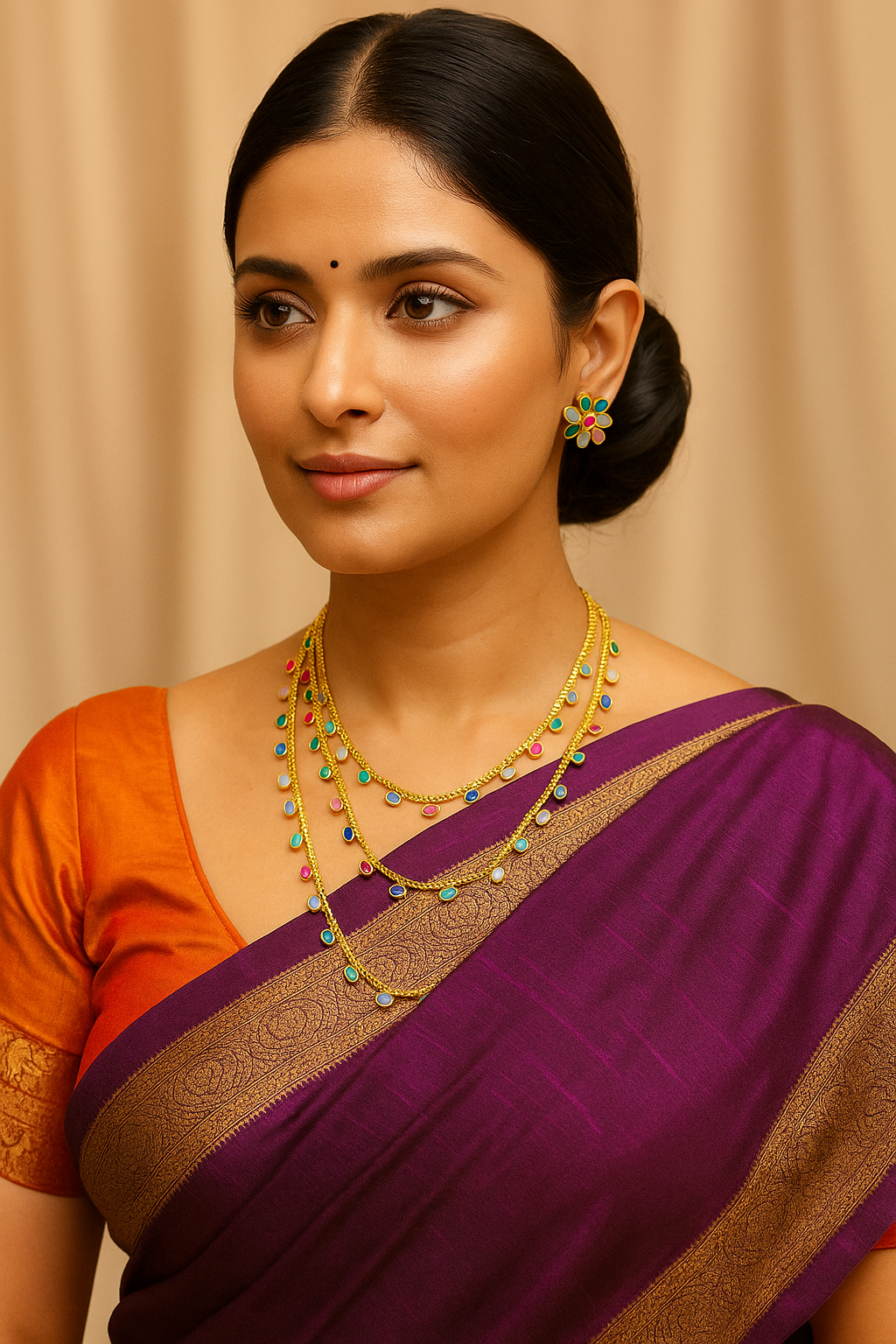 Sarasaa Multi-Layered Navratna Necklace Set with Matching Floral Stud Earrings
