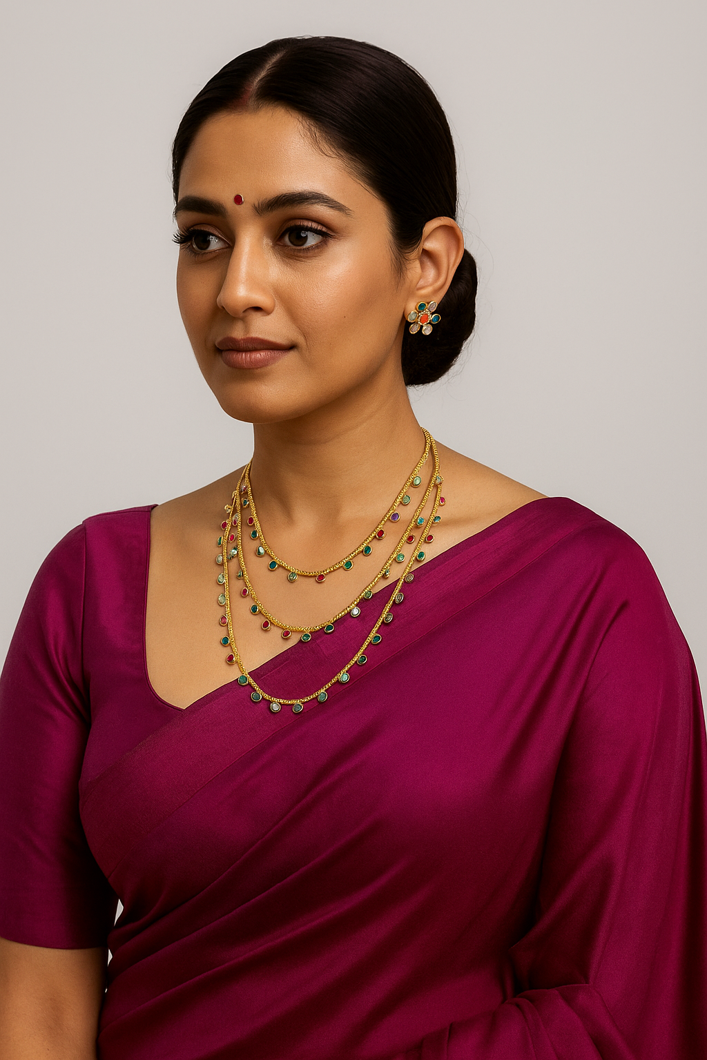 Sarasaa Multi-Layered Navratna Necklace Set with Matching Floral Stud Earrings