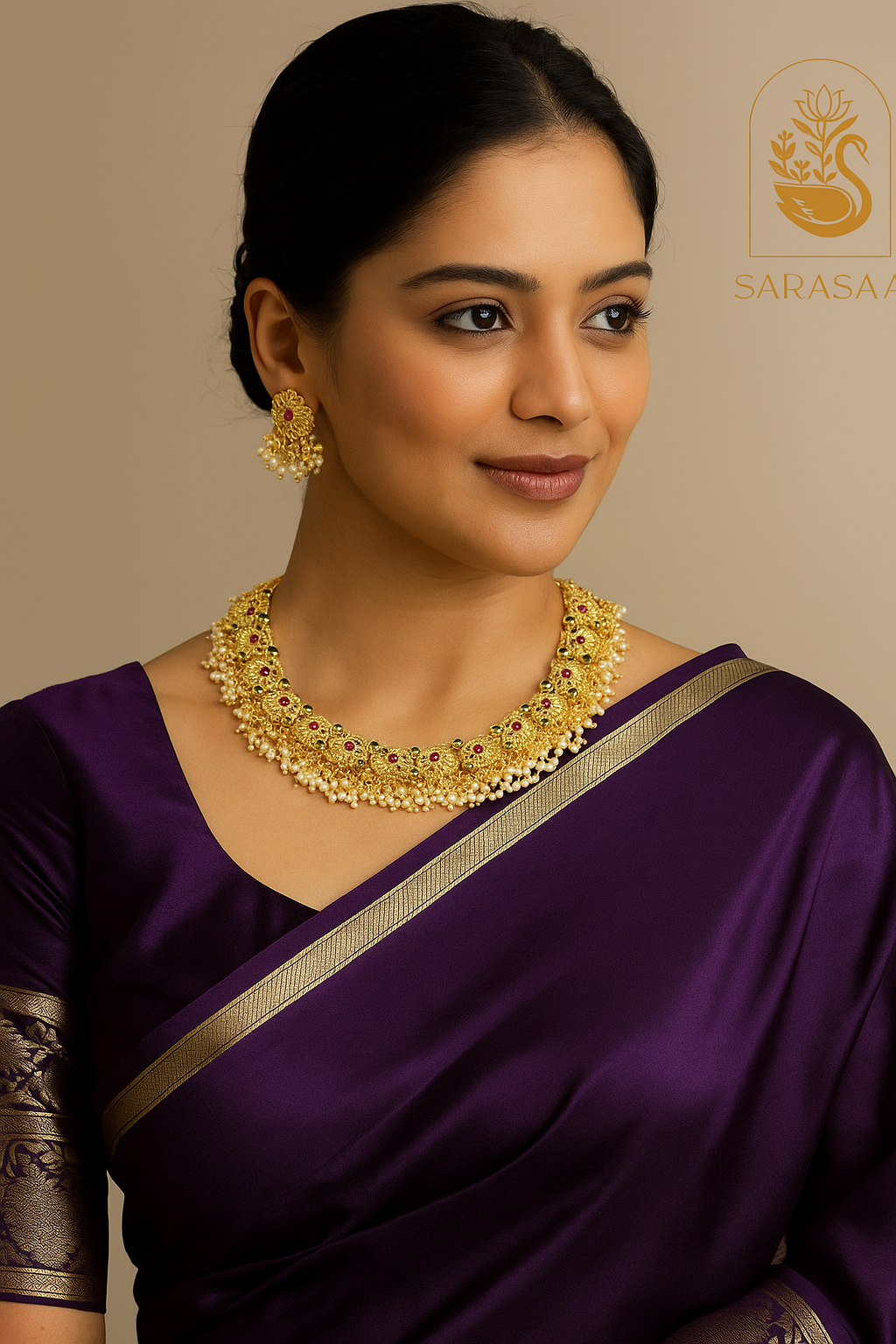 Sarasaa Matte Gold Choker Set with matching Earrings.l