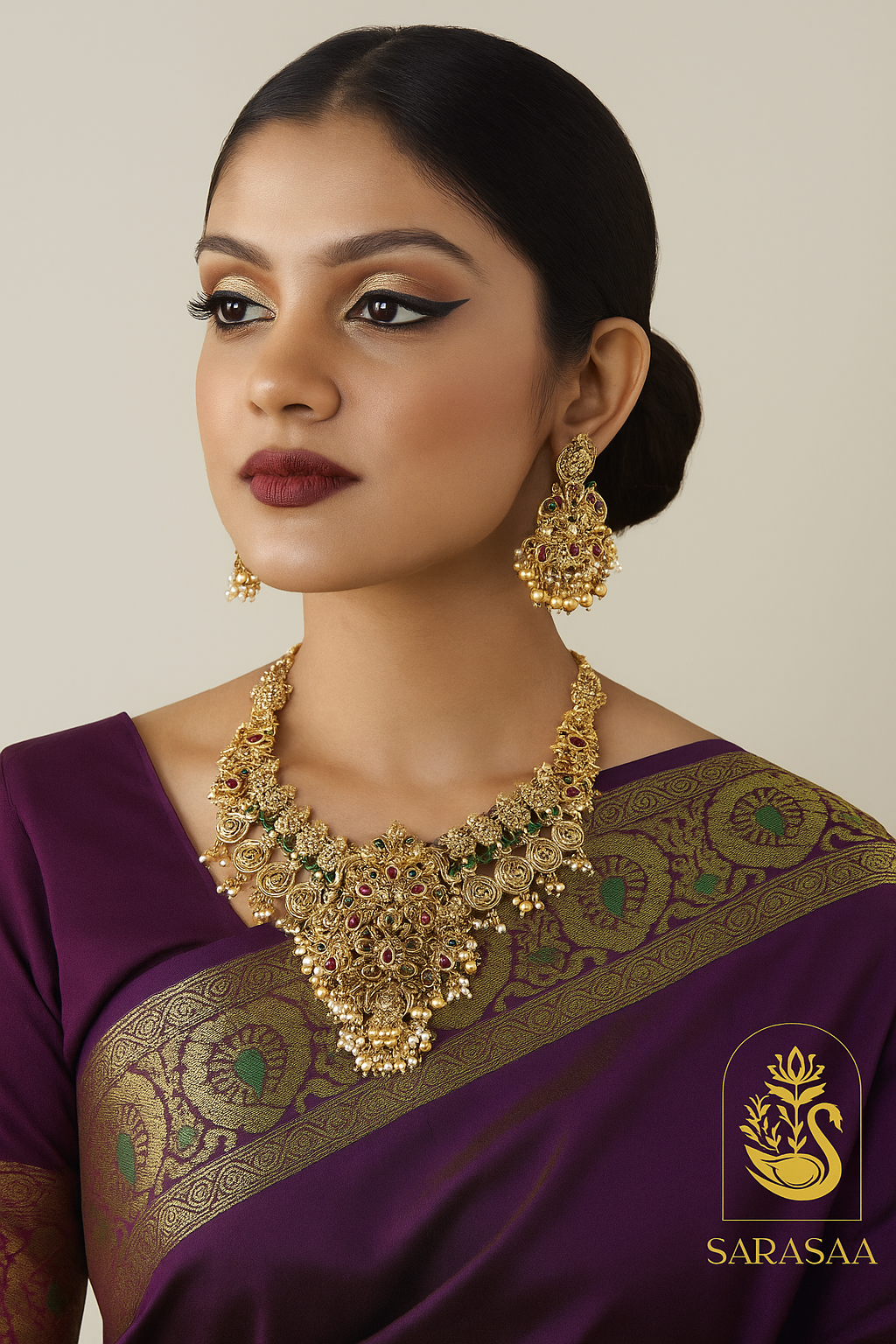 Sarasaa Traditional South Indian Lakshmi Peacock Elephant Gutta Pusalu Necklace Set