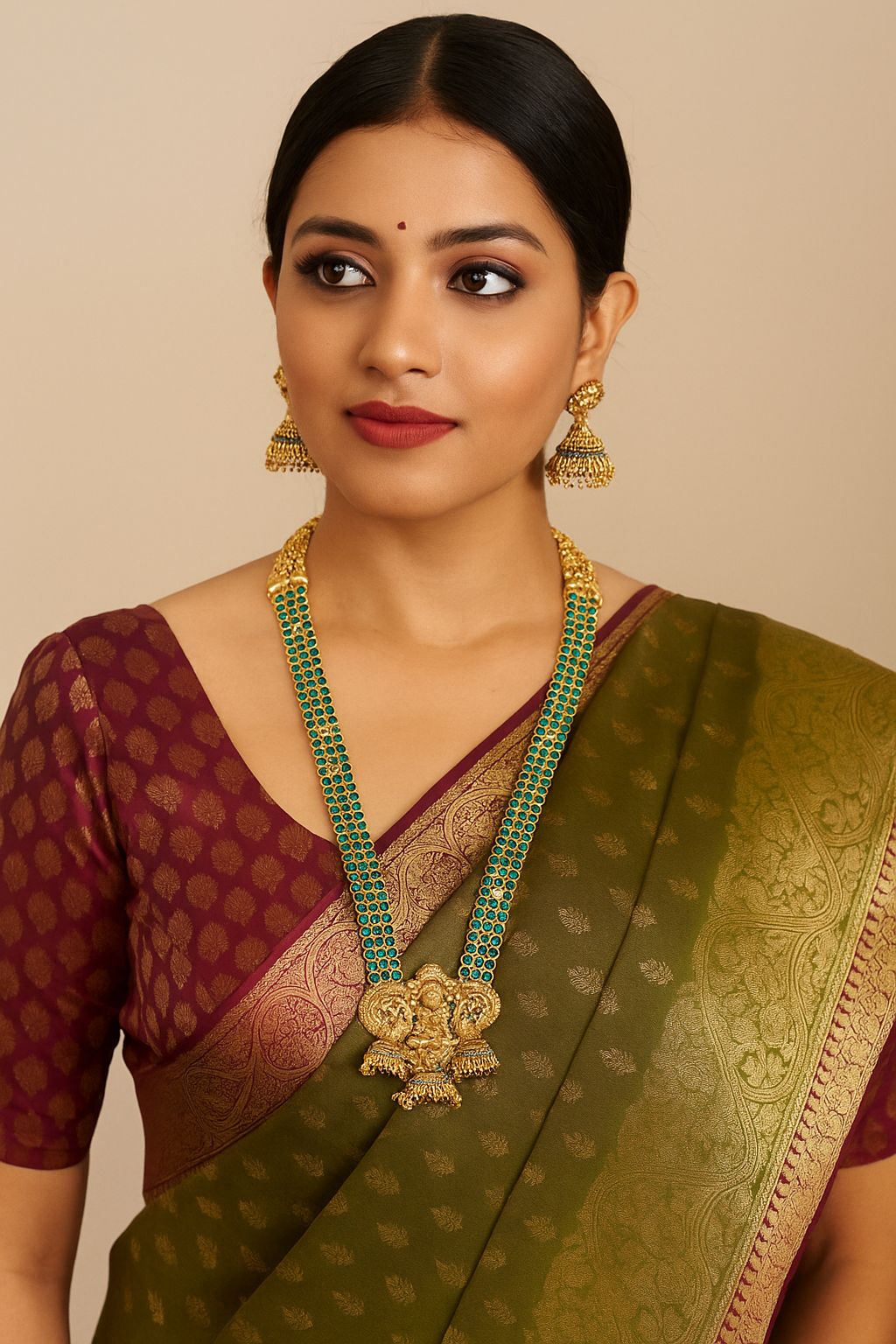 Sarasaa Lakshmi Ruby Green Brass Temple South Indian Long Haram Necklace With Earring Jewellery Set