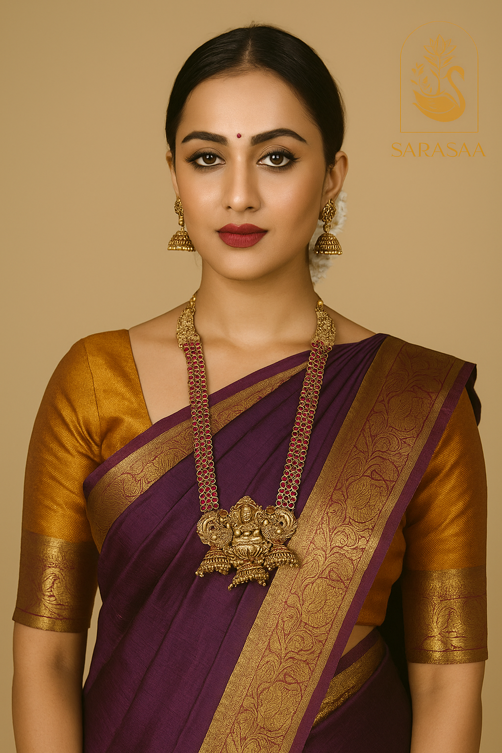 Sarasaa Traditional Matte Gold-Plated Lakshmi Temple Long Necklace Set with Ruby & Green Stones and Jhumka Earrings