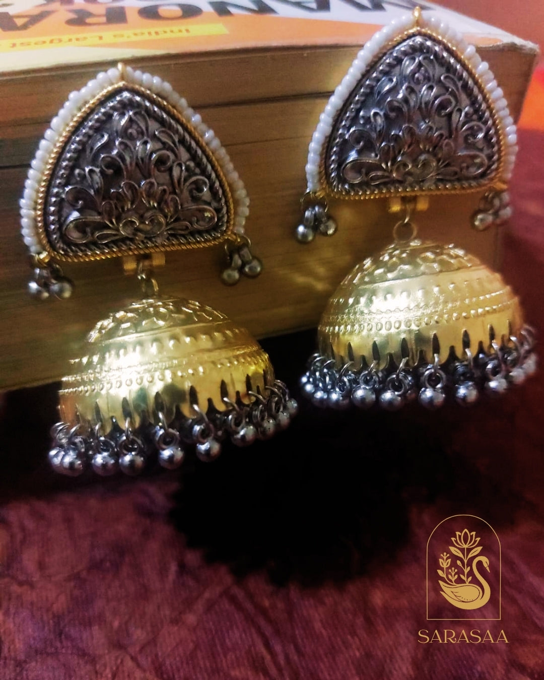 SarasaaFashion Oxidised Dual-Toned Gold & Silver Triangle Jhumka Earrings with Silver Ghungroo Beads - 110