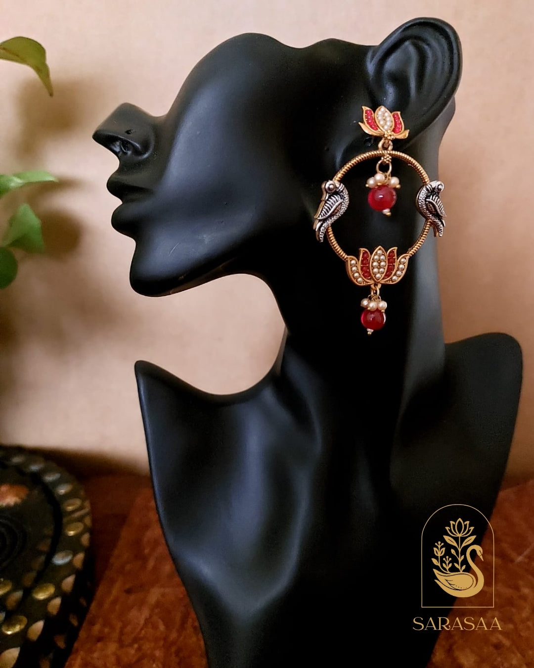 SarasaaFashion Oxidised Silver Maroon Lotus Tribal Drop Earrings - 108