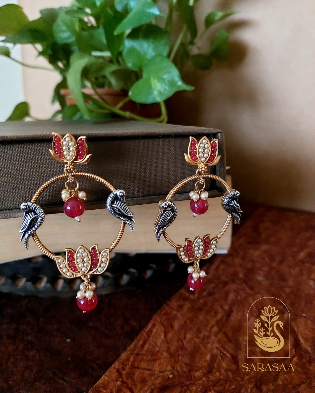 SarasaaFashion Oxidised Silver Maroon Lotus Tribal Drop Earrings - 108