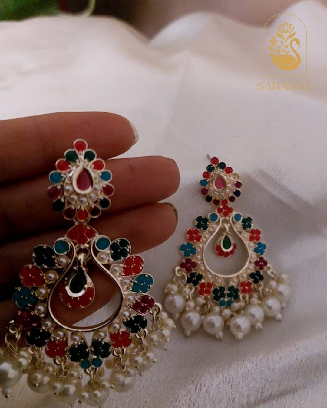 SarasaaFashion Gold Floral Multicolour Dangler Chandbali Earrings - 121