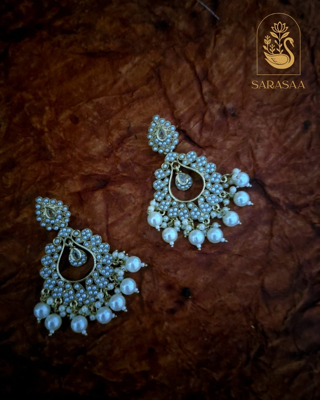 SarasaaFashion Gold Floral White Dangler Chandbali Earrings - 124