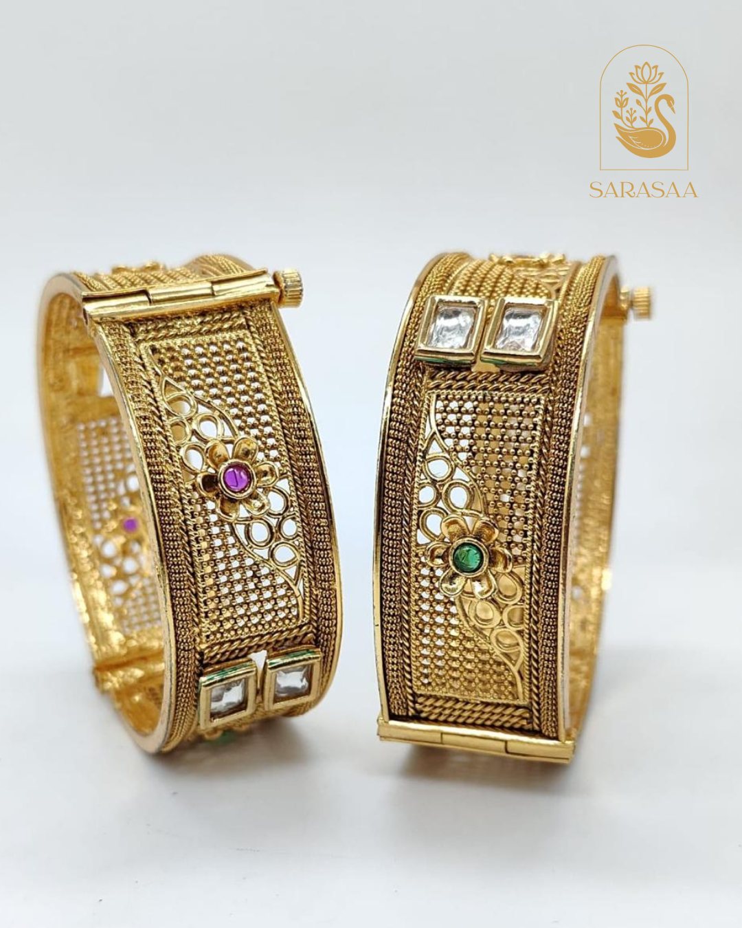 Sarasaa Antique Designer Brass High Gold Plated Openable Bangles with Pota Stone Embellishments - 261