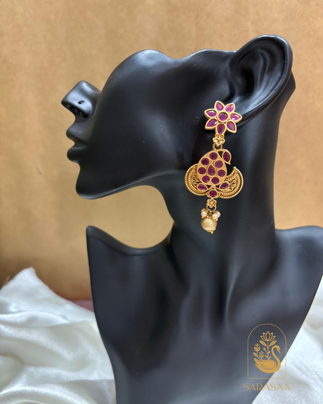 SarasaaFashion Antique Matte Finish Peacock & Floral Stud Jhumki Earrings with Ruby Stones & Pearl Drop - 152