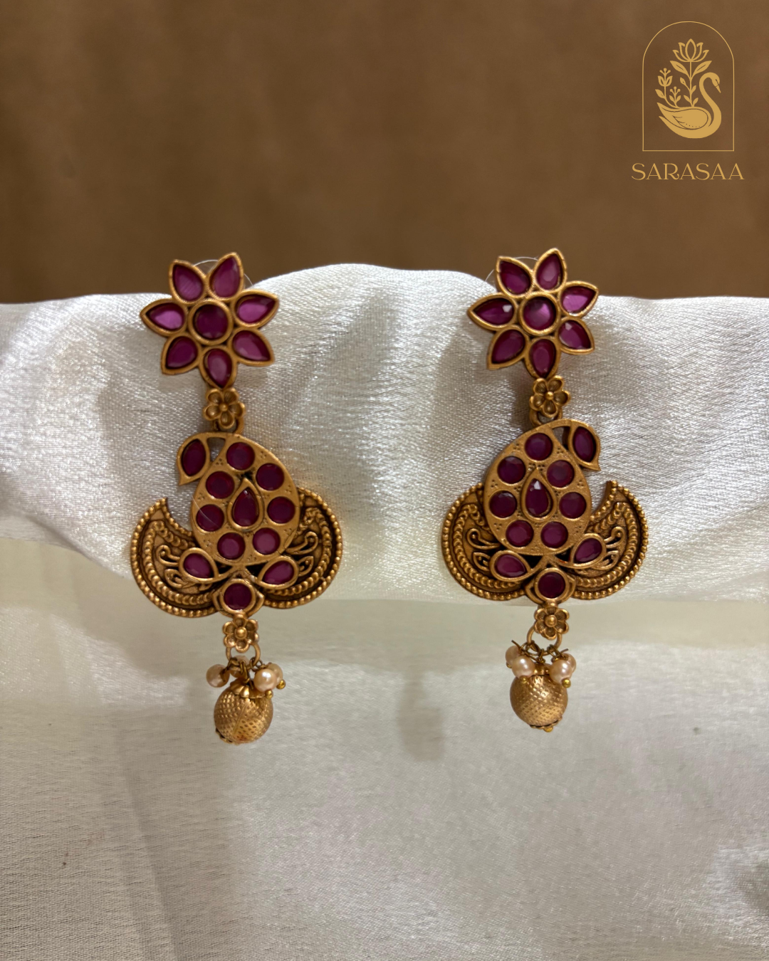 SarasaaFashion Antique Matte Finish Peacock & Floral Stud Jhumki Earrings with Ruby Stones & Pearl Drop - 152