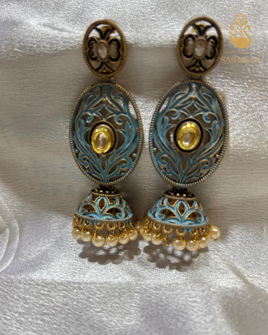 SarasaaFashion Gold Plated Crystal Stone And Meenakari Jhumki Earrings - 158