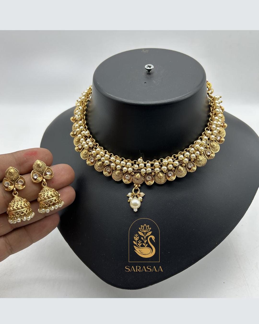Sarasaa Gold-Plated Choker Necklace Set with Coin Design and Pearl Accents