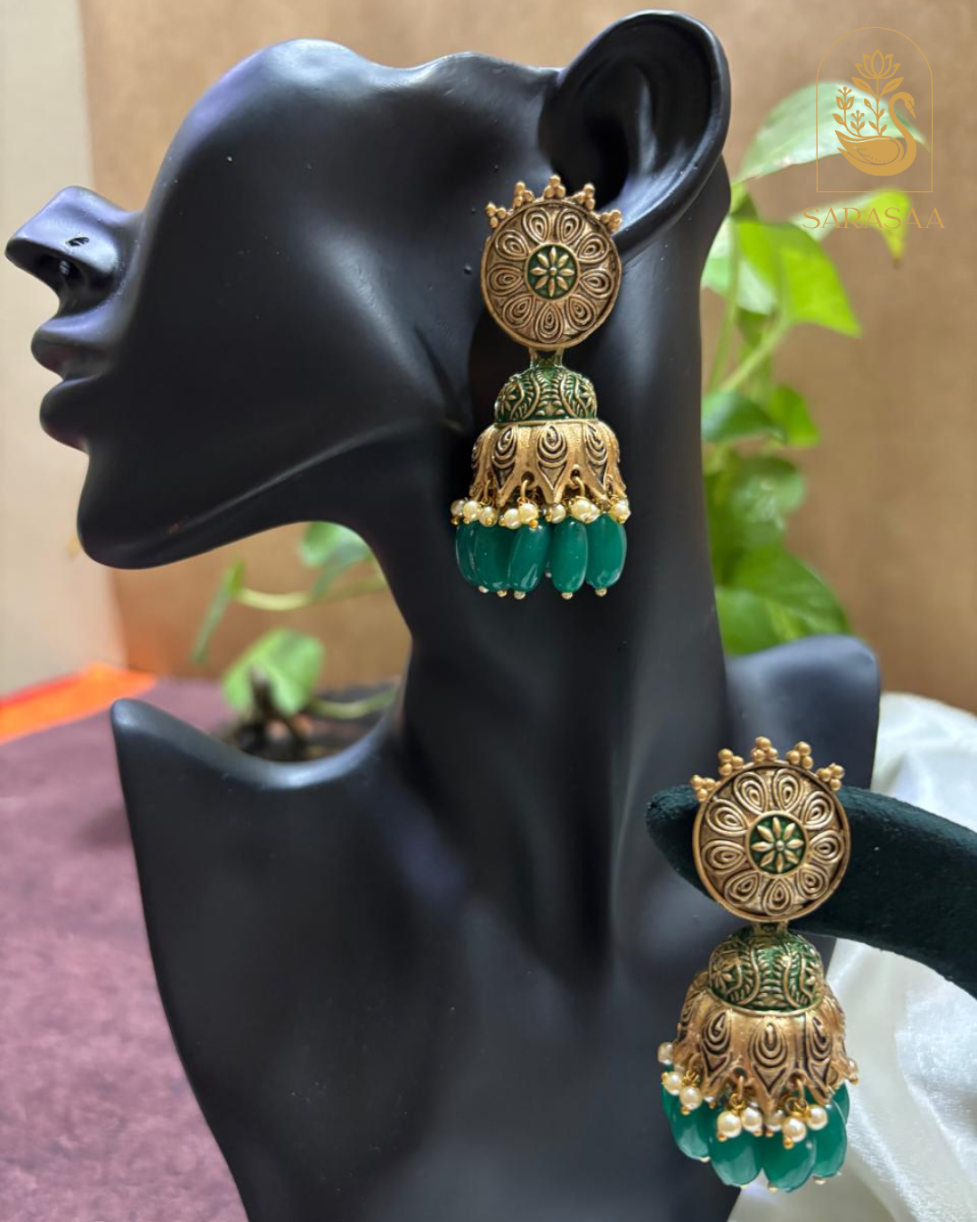 SarasaaFashion Traditional Gold-Toned Jhumka Earrings with Green Beads - 160