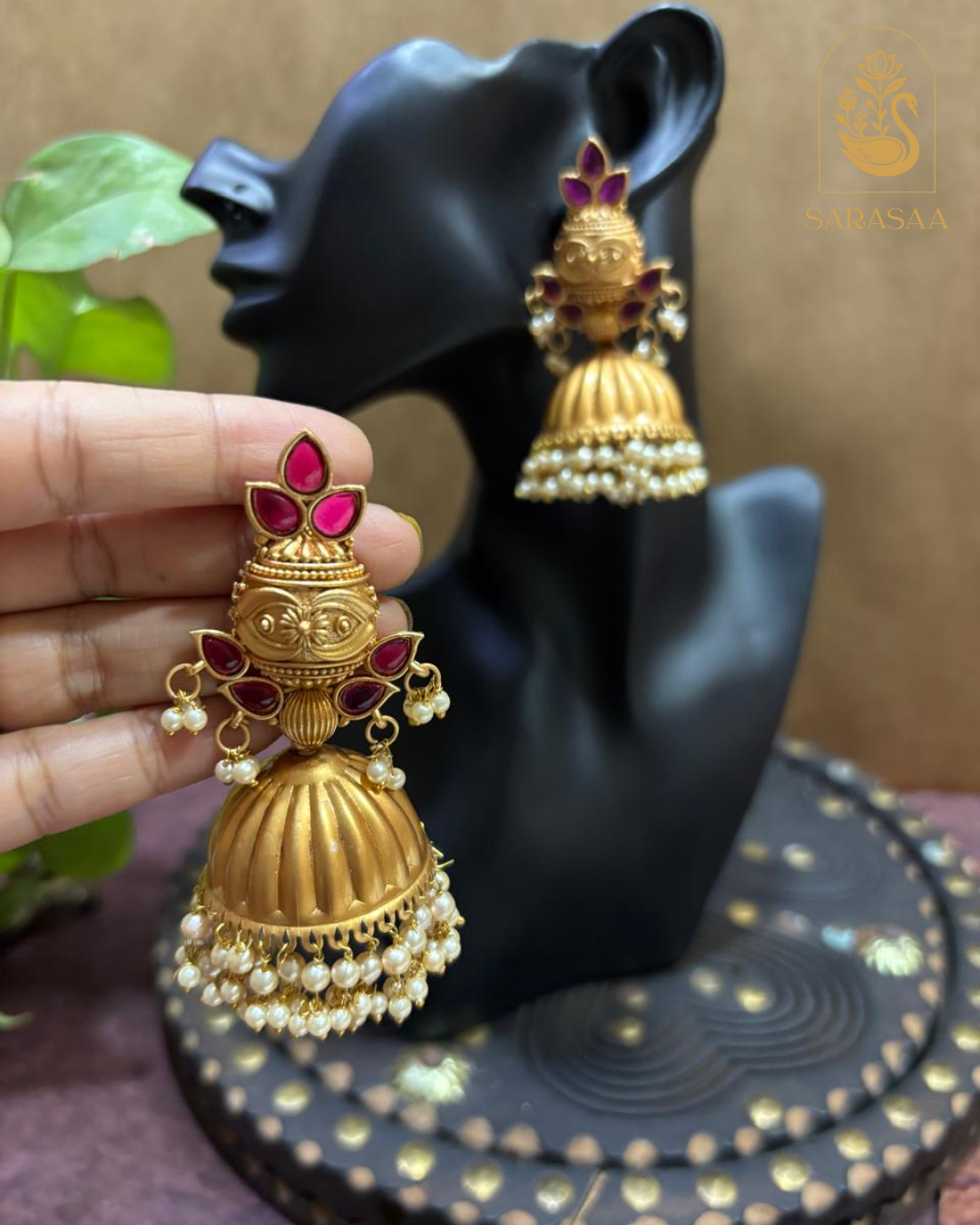 SarasaaFashion Antique Matte Gold Jhumka Earrings with Ruby Stones and Pearl Drops - 162