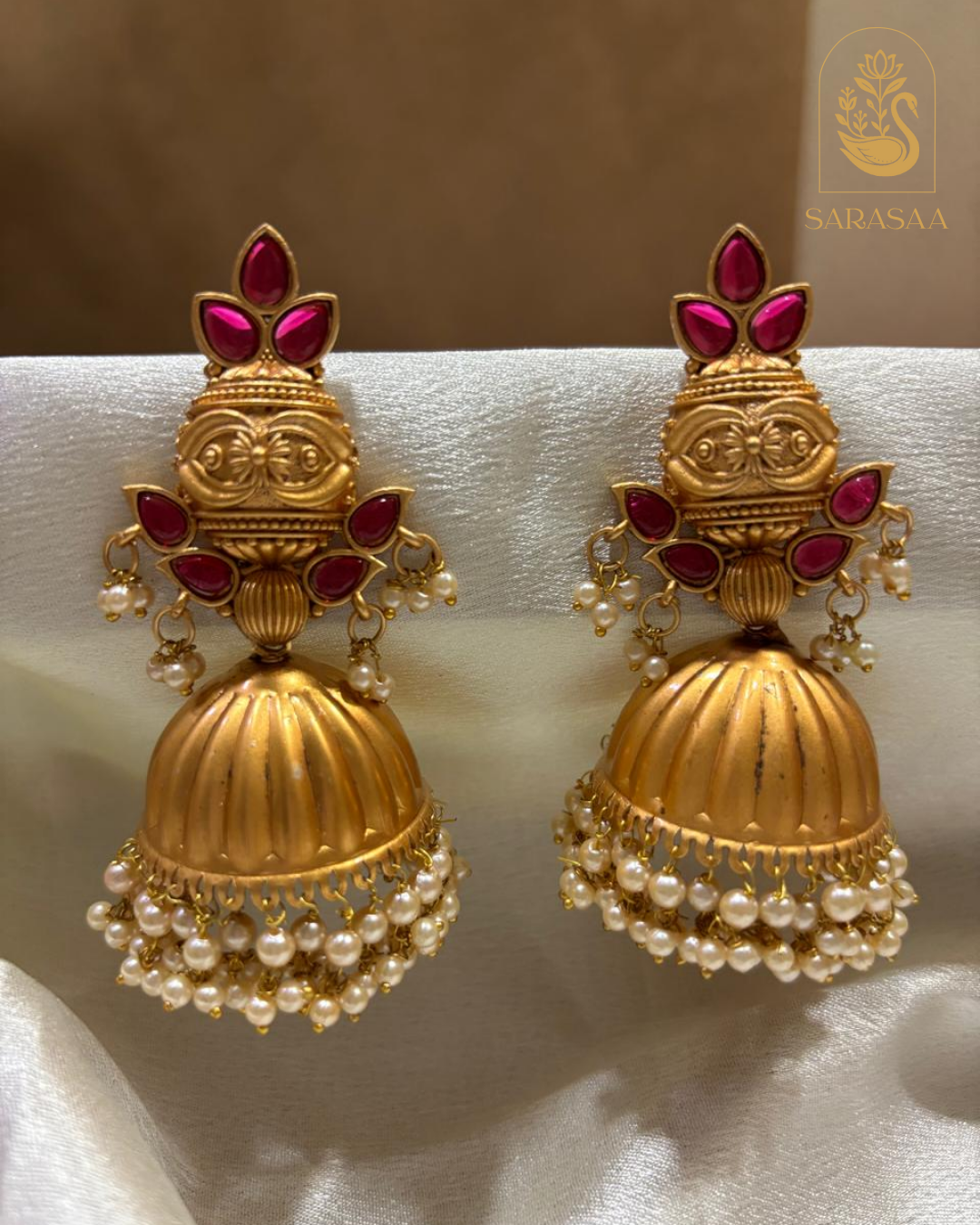 SarasaaFashion Antique Matte Gold Jhumka Earrings with Ruby Stones and Pearl Drops - 162