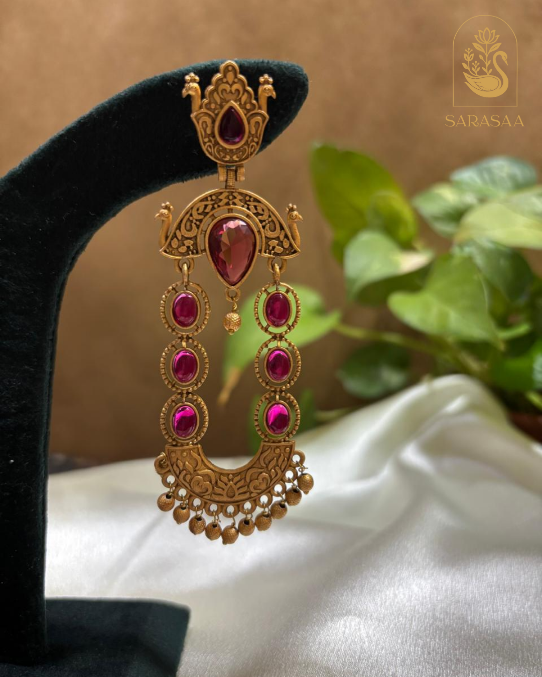 SarasaaFashion Kundan Studded Peacock Shaped Jadau Drop Earrings - 163