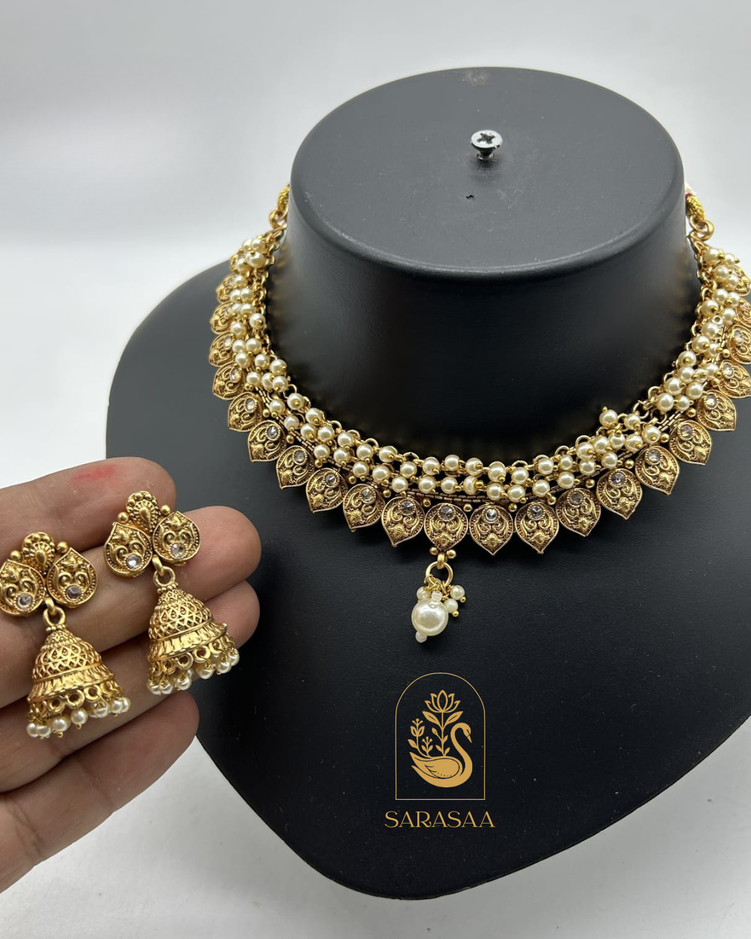 Sarasaa Traditional Gold Polish Brass Indian Bridal Necklace Set with Jhumka Earrings