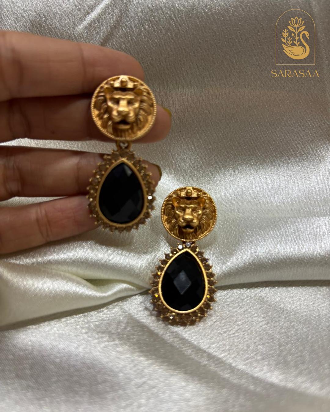 SarasaaFashion Gold Black Lion Head Drop Earrings - 165