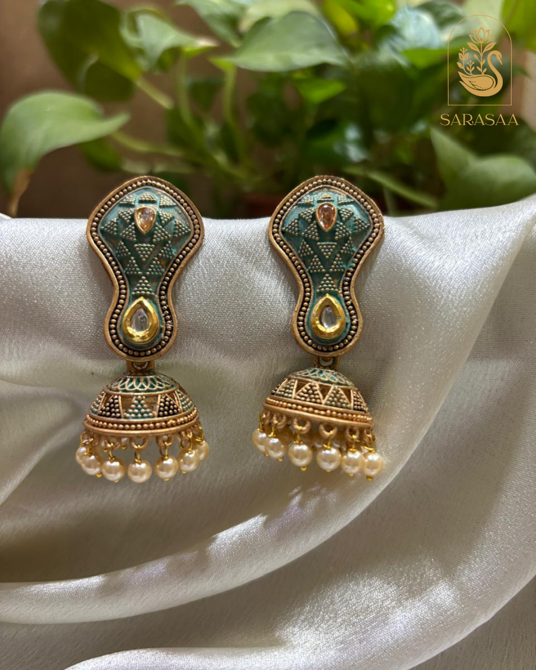 SarasaaFashion Sea Green Beads Kundan Gold-Plated Jhumka Earrings - 166