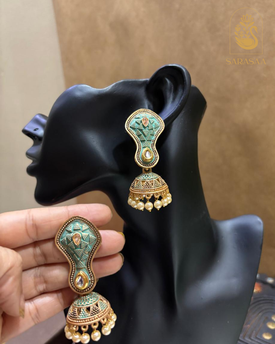 SarasaaFashion Sea Green Beads Kundan Gold-Plated Jhumka Earrings - 166