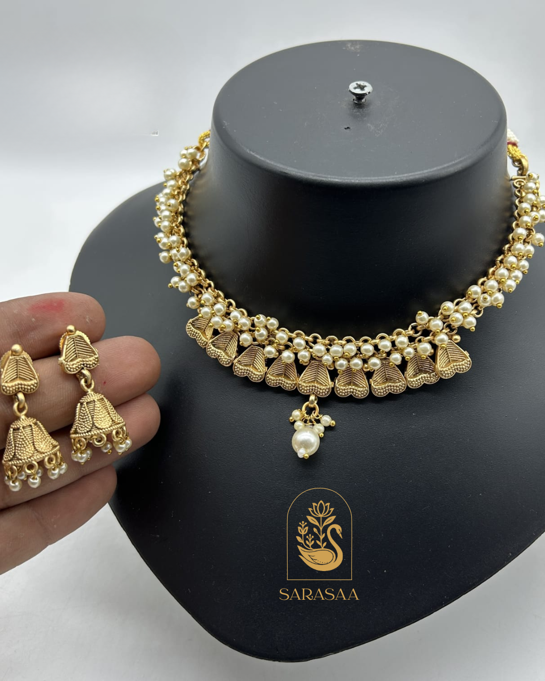 Sarasaa Gold-Plated Polki & Pearl Choker Necklace Set with Matching Earrings