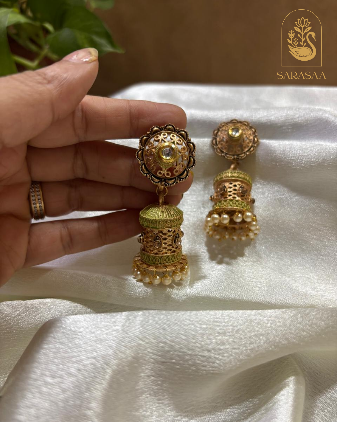 SarasaaFashion Traditional Antique Mehndi Green Jhumka Earrings with Pearl Drops - 173