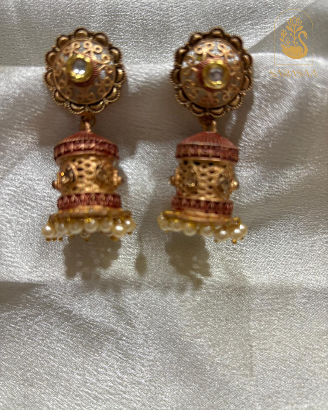 SarasaaFashion Traditional Antique Copper Jhumka Earrings with Pearl Drops - 174