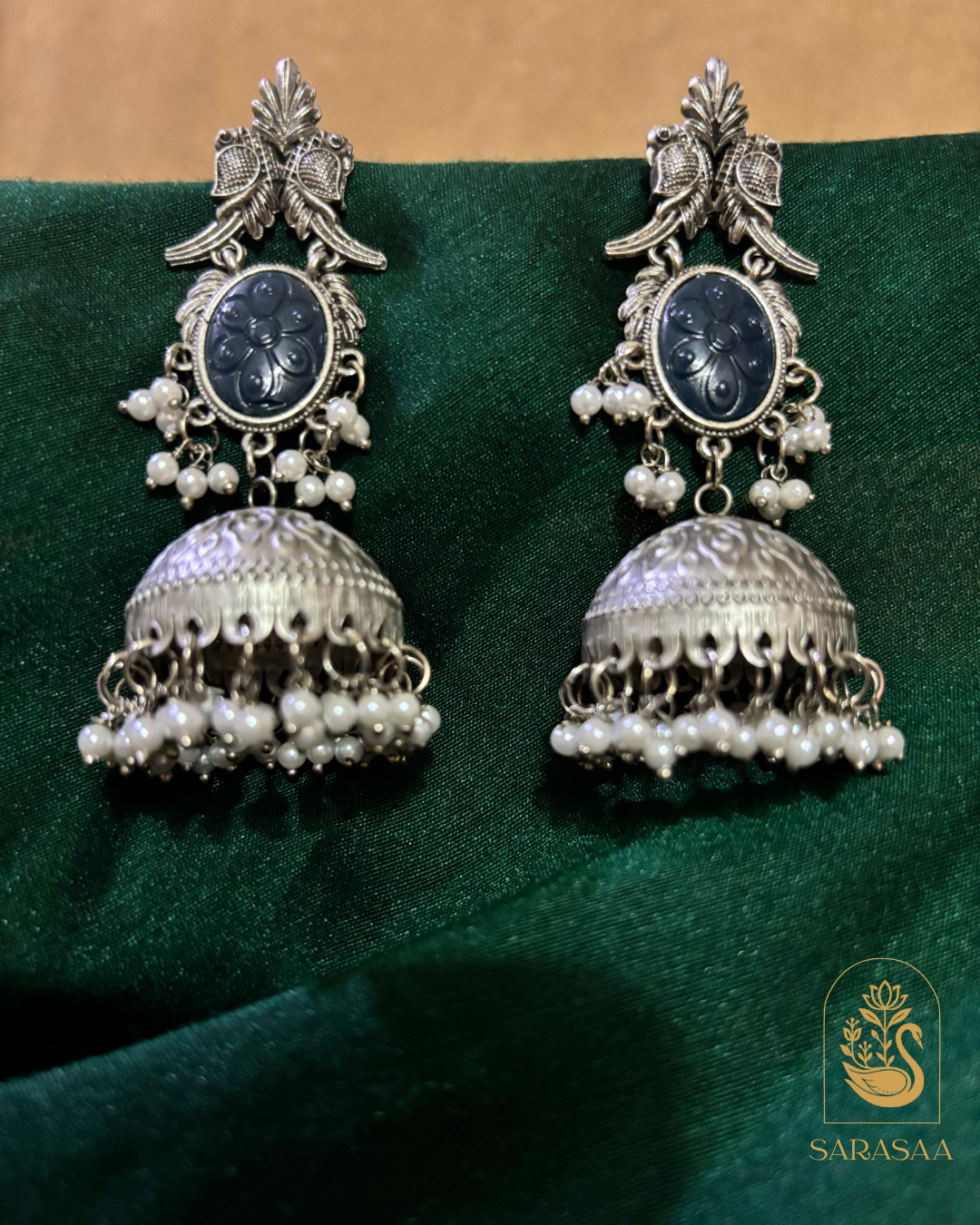 SarasaaFashion Oxidized Silver Jhumka Earrings with Nevy Blue Stone and Pearl Detailing - 175