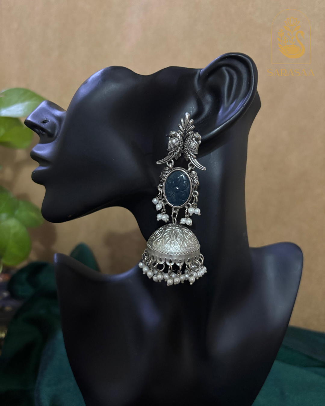 SarasaaFashion Oxidized Silver Jhumka Earrings with Nevy Blue Stone and Pearl Detailing - 175