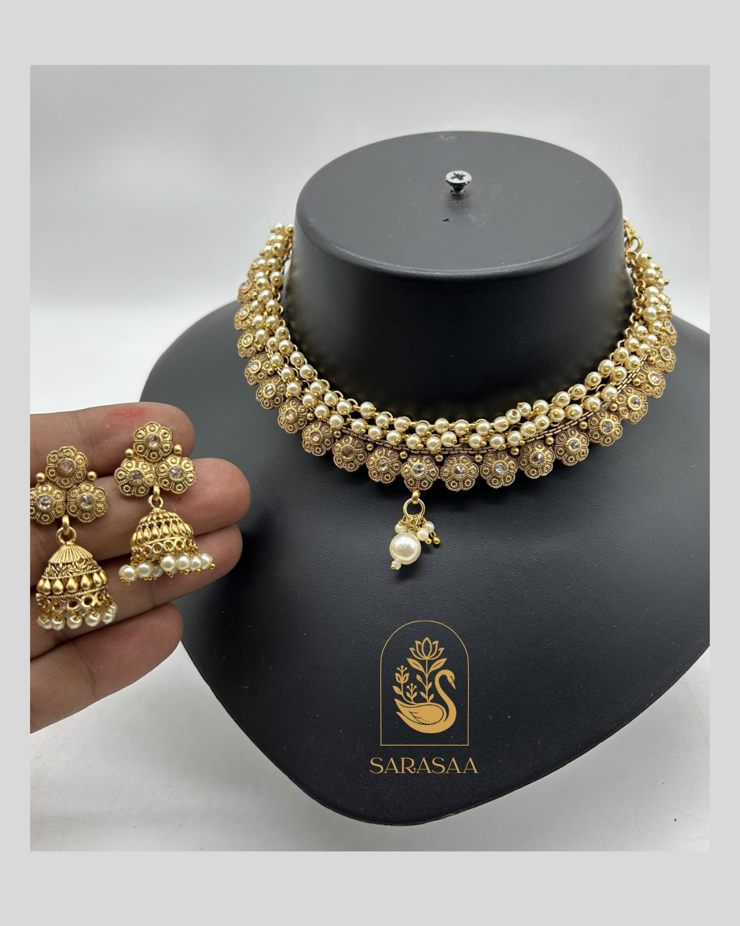 Sarasaa Gold-Plated Choker Necklace Set with Pearl Accents & Jhumka Earrings